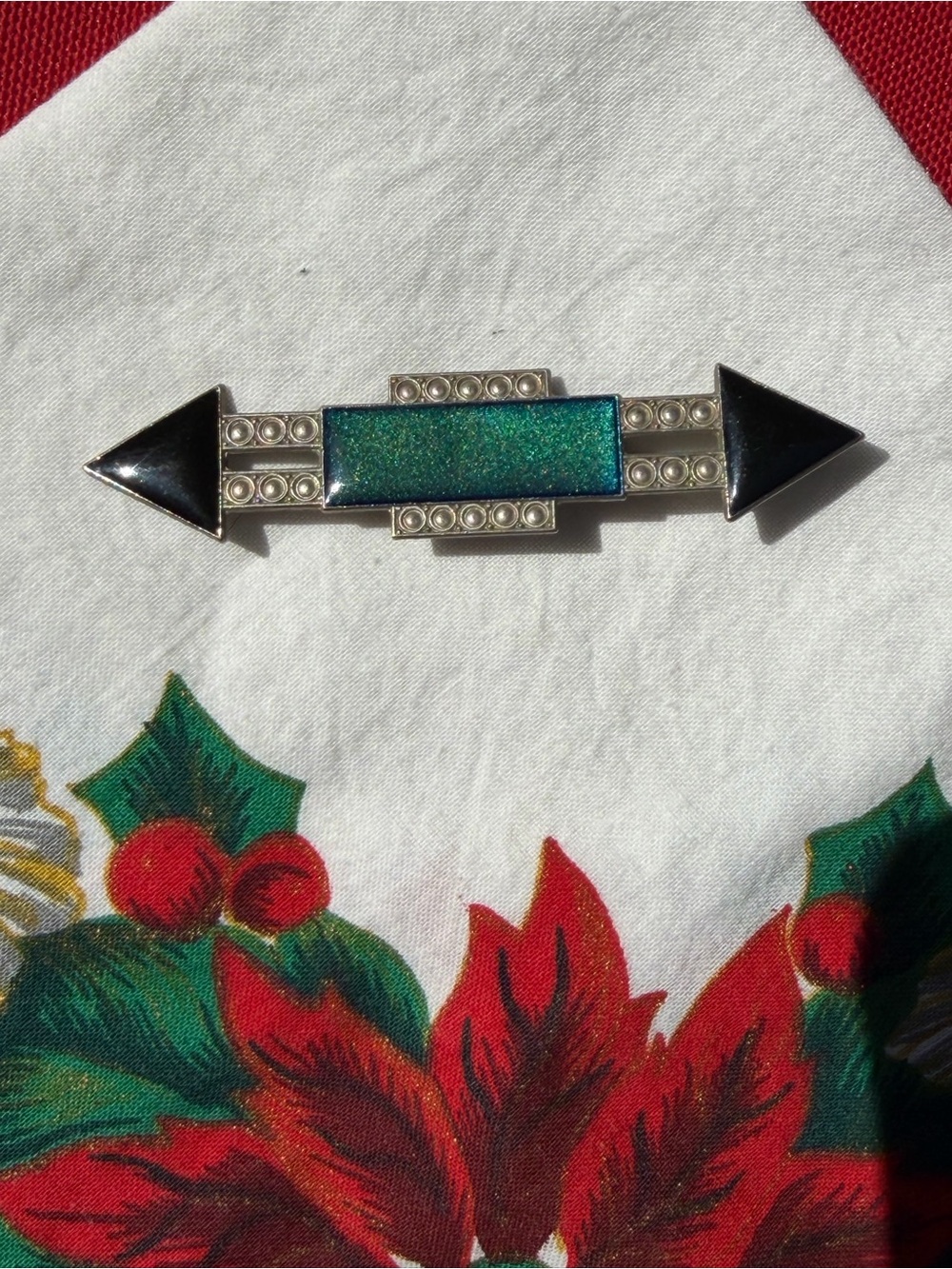 Silver Black And Teal Glitter Arrow Bar Art deco Revival Brooch 2.5”